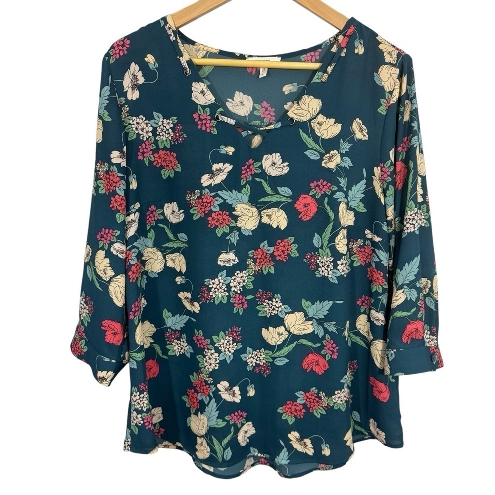 Maurices Floral Blouse Womens L Blue V-Neck Top Casual Work Shirt 3/4 Sleeve EUC